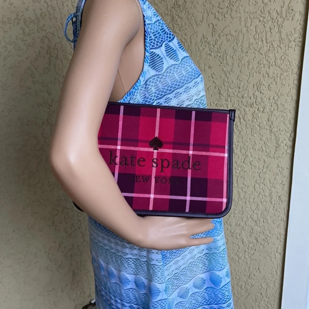 Kate Spade Ella Plaid Bright Rose Large Zip Pouch Clutch